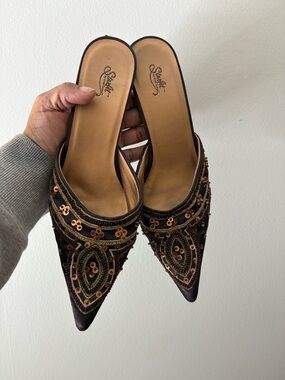 Brown Beaded Pointed Mules with Copper Accents